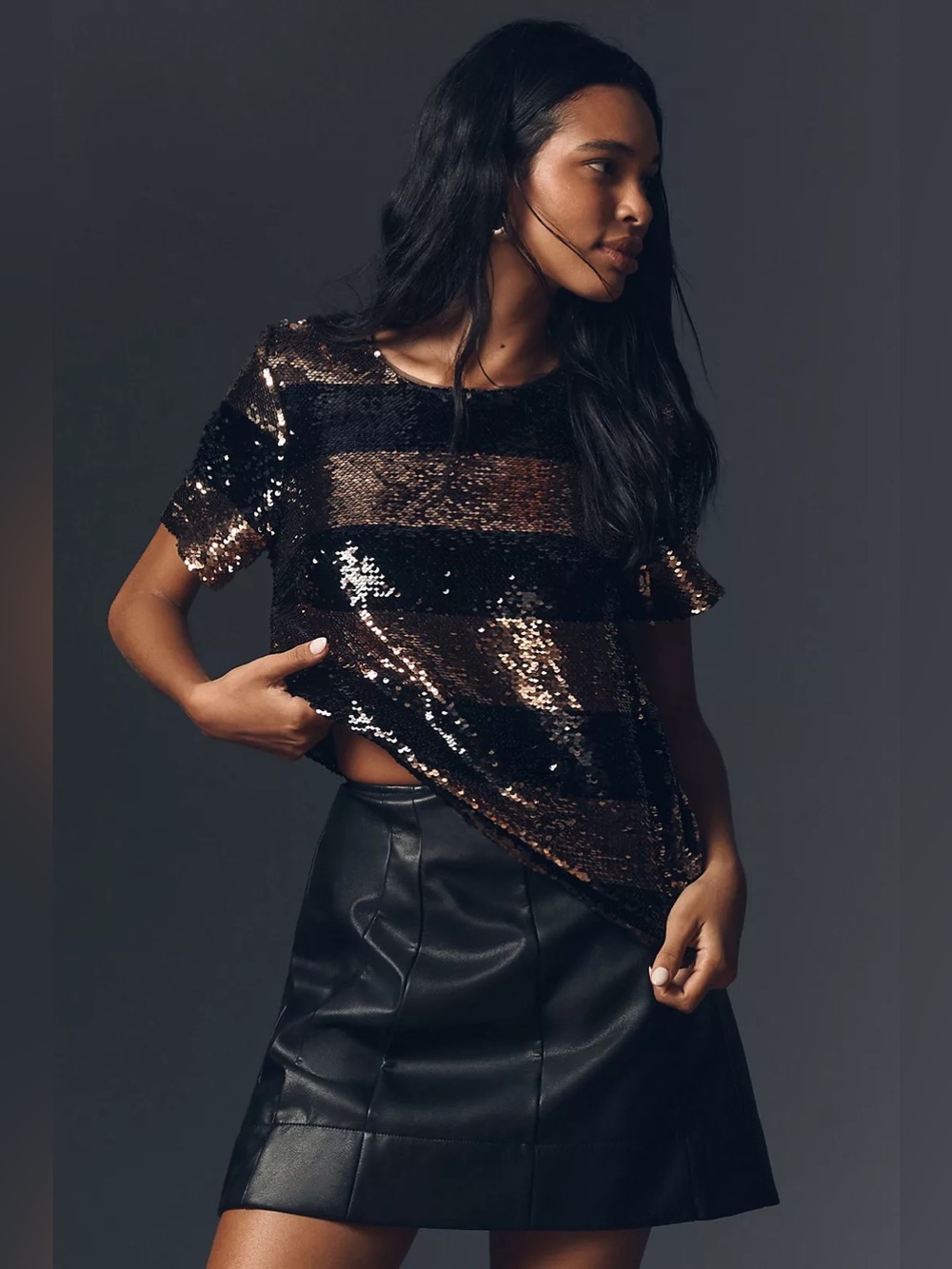 Maeve Anthropologie Black Gold Sequin Stripe Top Size 3x Party Glam Cocktail - Picture 4 of 8